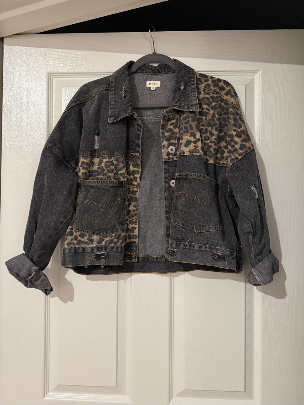 POL Black Washed Denim Jacket with Leopard Panels